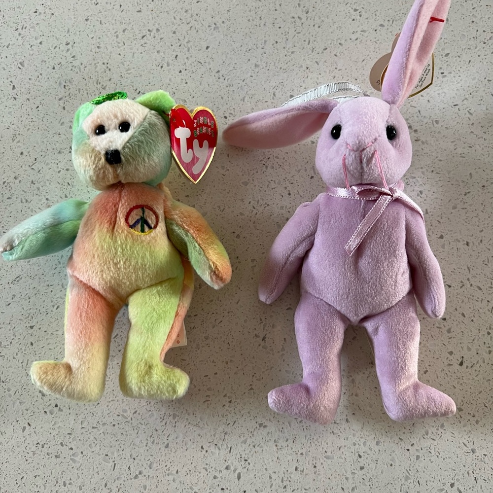 Beanie Babies Ornaments, Peace Bear and Floppity Rabbit.